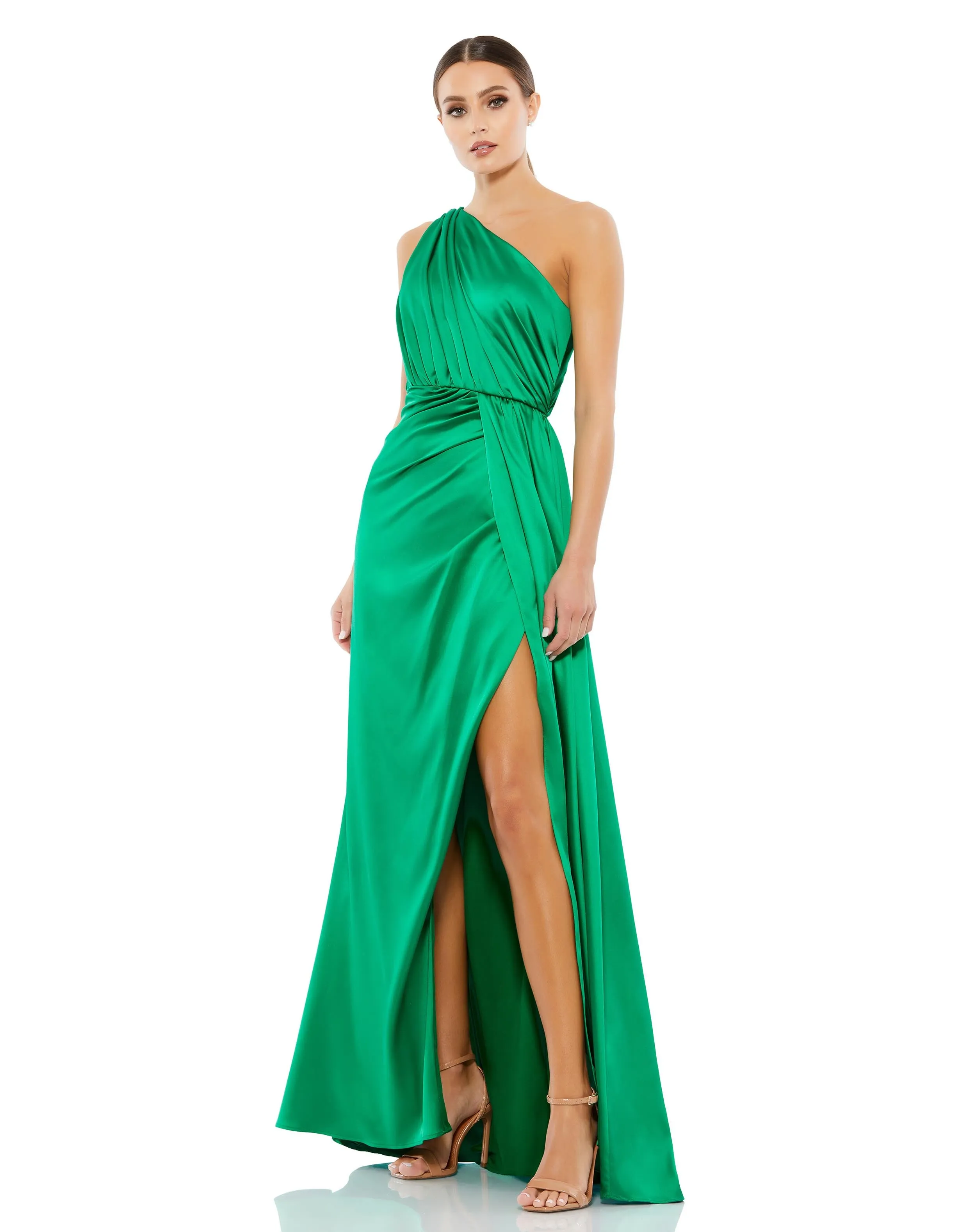 Green Gathered One Shoulder Satin Faux Wrap Gown sold by Mac Duggal product image thumbnail 5