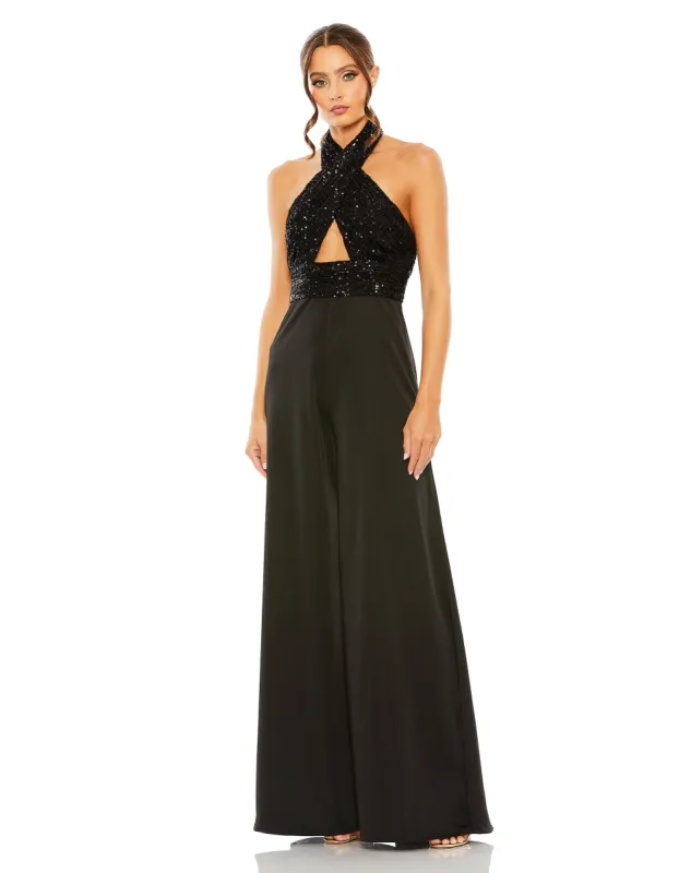 White Sequined Cross Neck Halter Jumpsuit sold by Mac Duggal