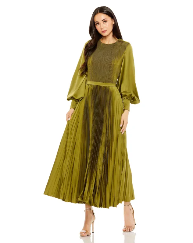 Green Long Sleeve High Neck Heat Pleated Dress sold by Mac Duggal