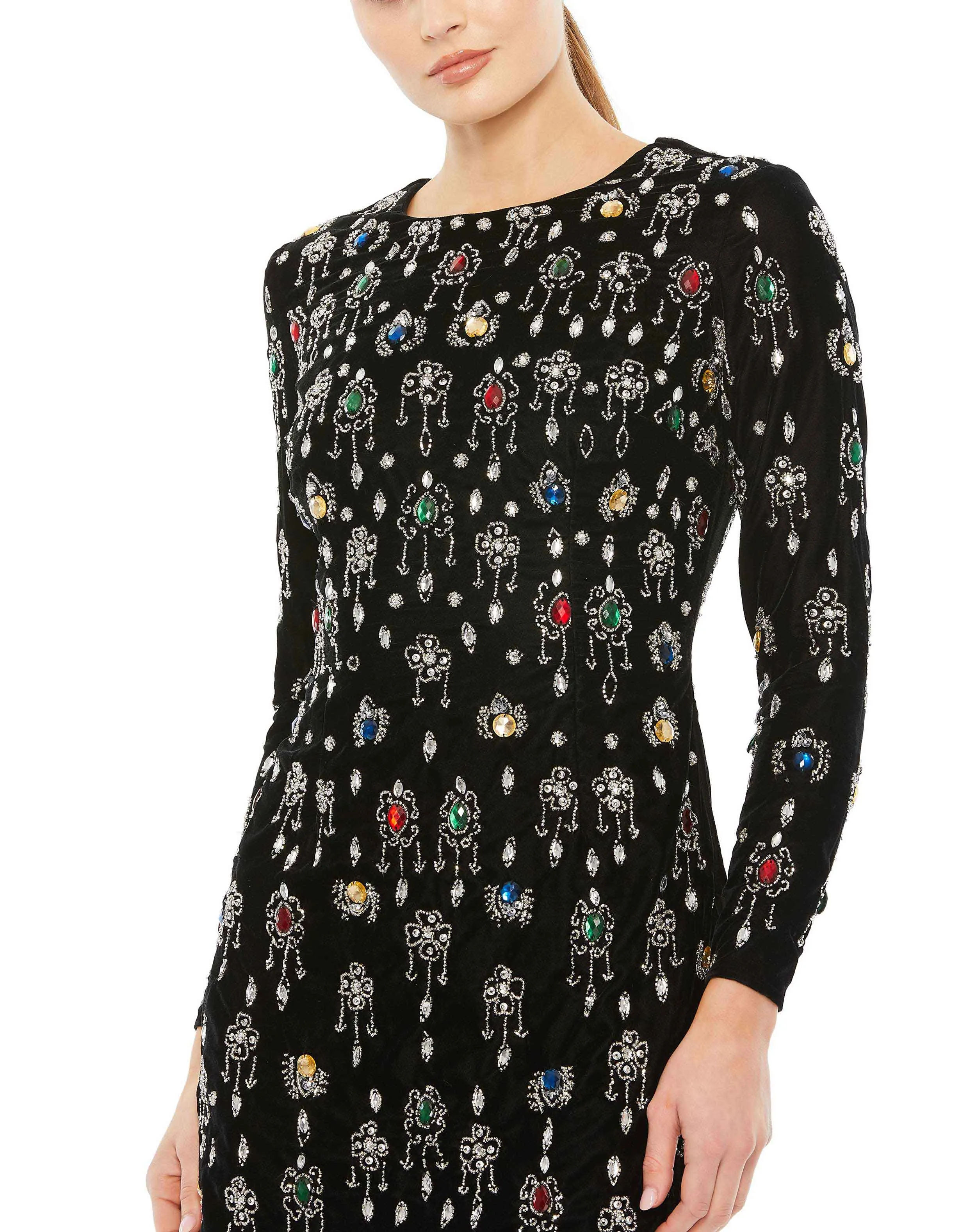 Black Gem Embellished Velvet Long Sleeve Mini Dress sold by Mac Duggal product image thumbnail 2