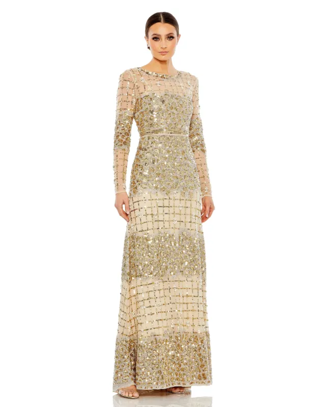 Embellished Illusion High Neck Long Sleeve Gown sold by Mac Duggal