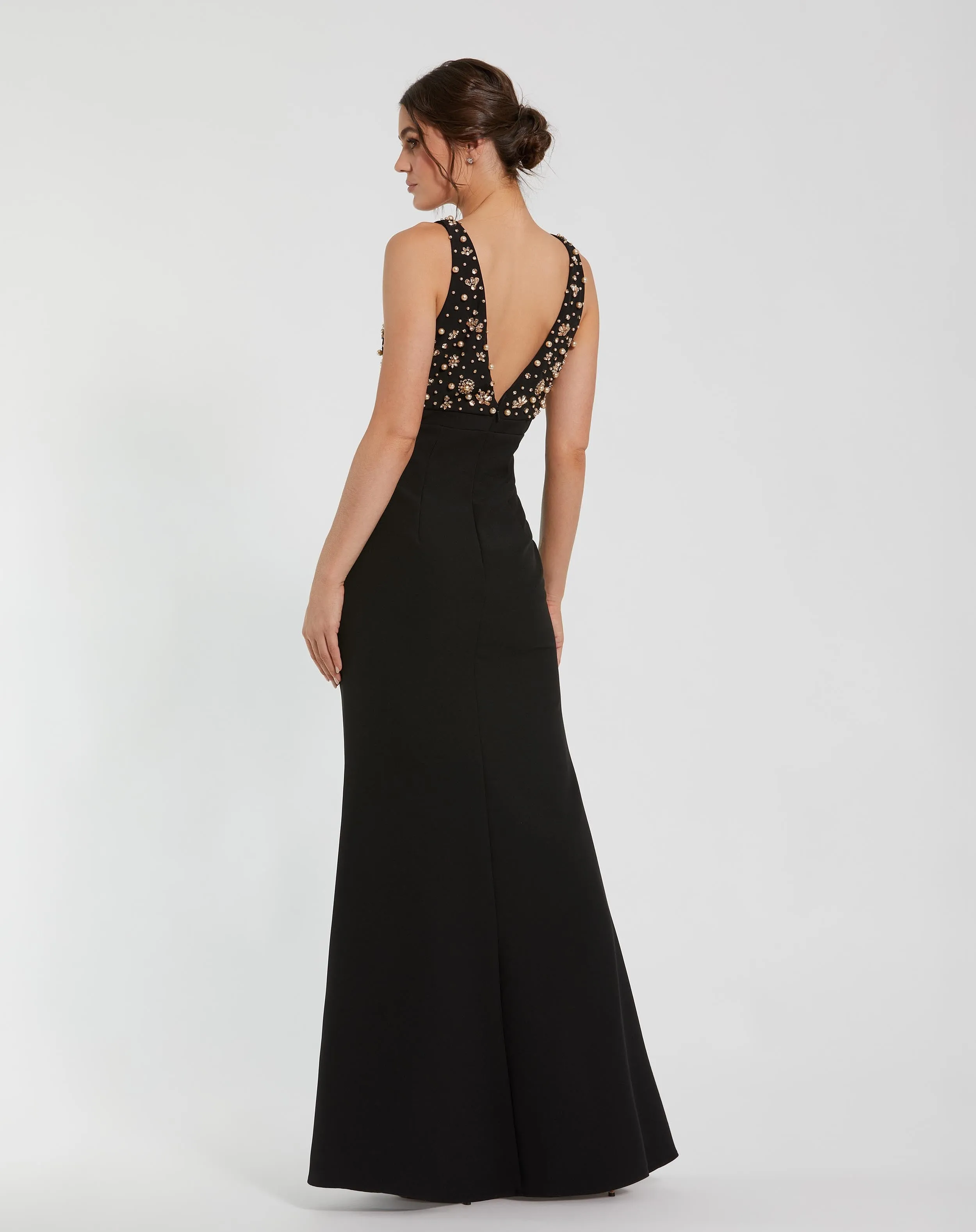Black Crepe Sleeveless Beaded V Neck Gown With Bow sold by Mac Duggal product image thumbnail 3