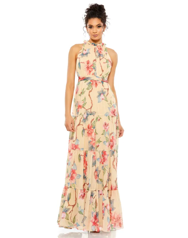 Beige Floral Button High Neck Maxi Dress sold by Mac Duggal