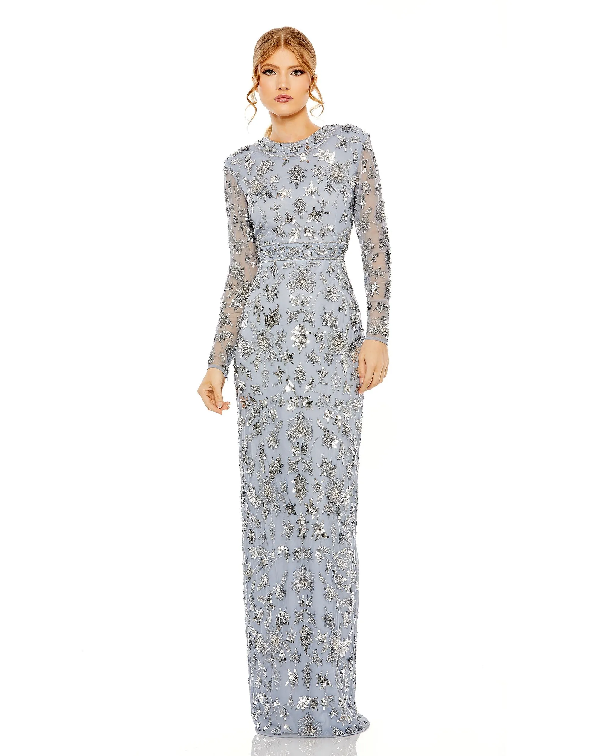 Blue High Neck Long Sleeve Embellished Column Gown sold by Mac Duggal