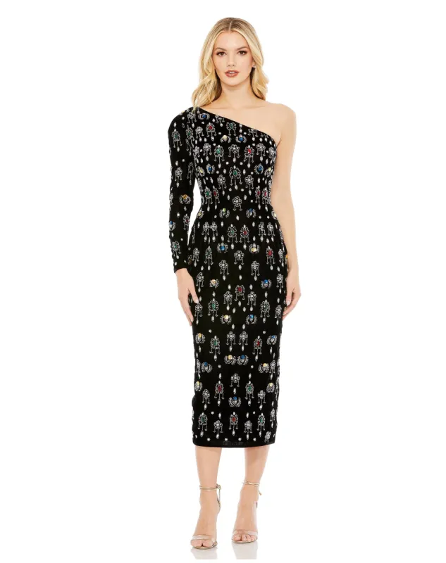 Gem Embellished Velvet One Shoulder Column Dress | Sample | Sz. 2 sold by Mac Duggal