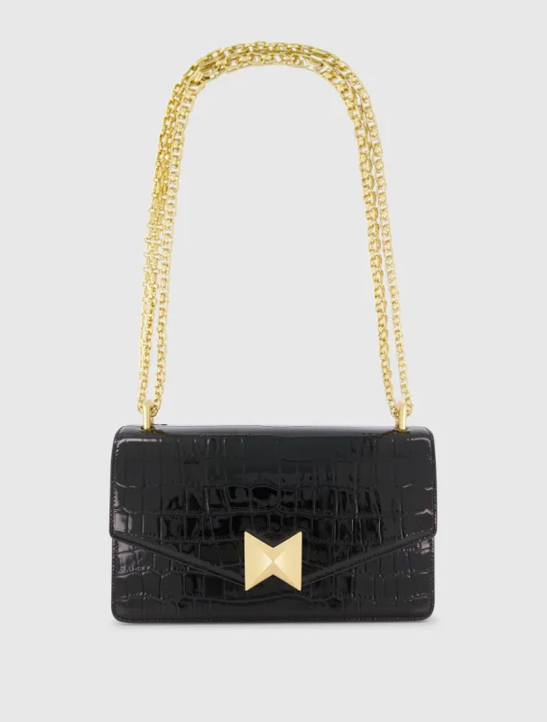 Black Crocodile Leather Shoulder Bag With Gold Hardware sold by Mac Duggal