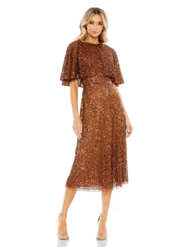 Brown Embellished Cape High Neck Midi Dress - FINAL SALE sold by Mac Duggal