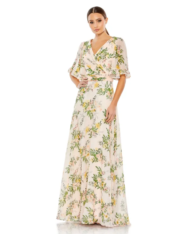 Floral Print Flutter Sleeve Wrap Over Gown sold by Mac Duggal