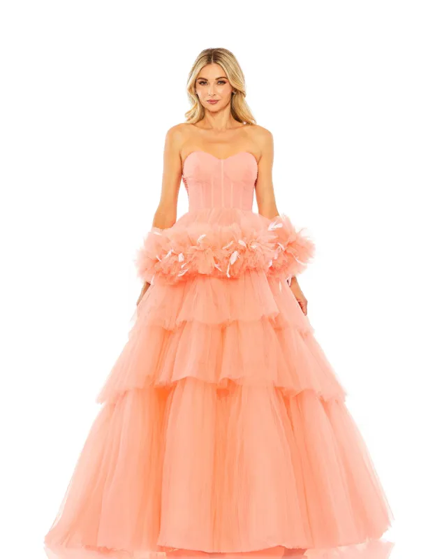 Pink Strapless Tulle Gown with Feather Detail sold by Mac Duggal