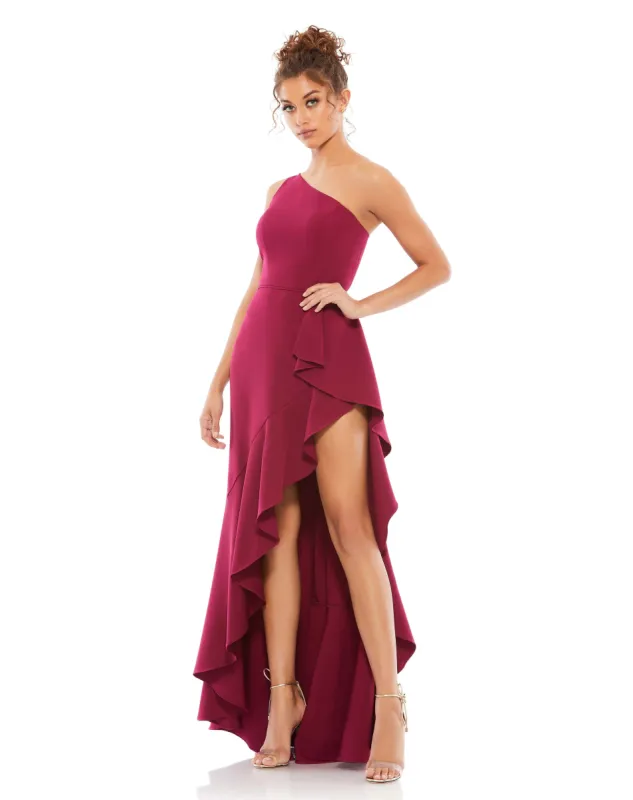 Purple One Shoulder High Slit Ruffle Gown sold by Mac Duggal