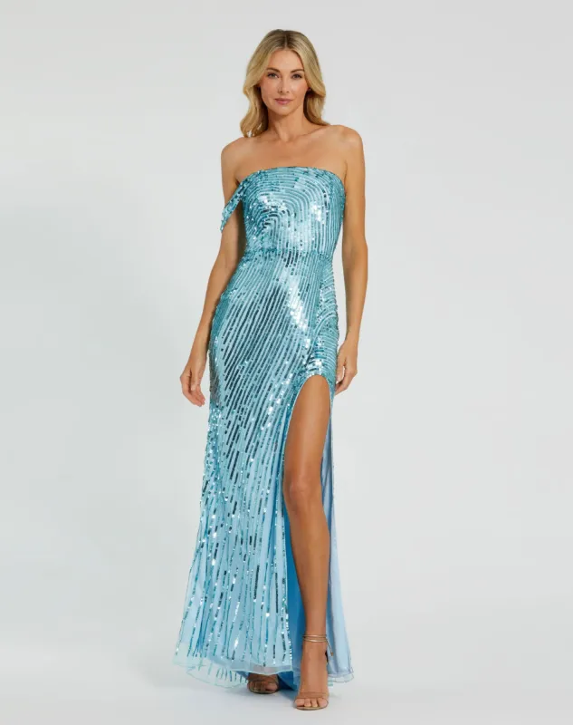 Blue One Shoulder Mesh Sequin Gown With Slit sold by Mac Duggal