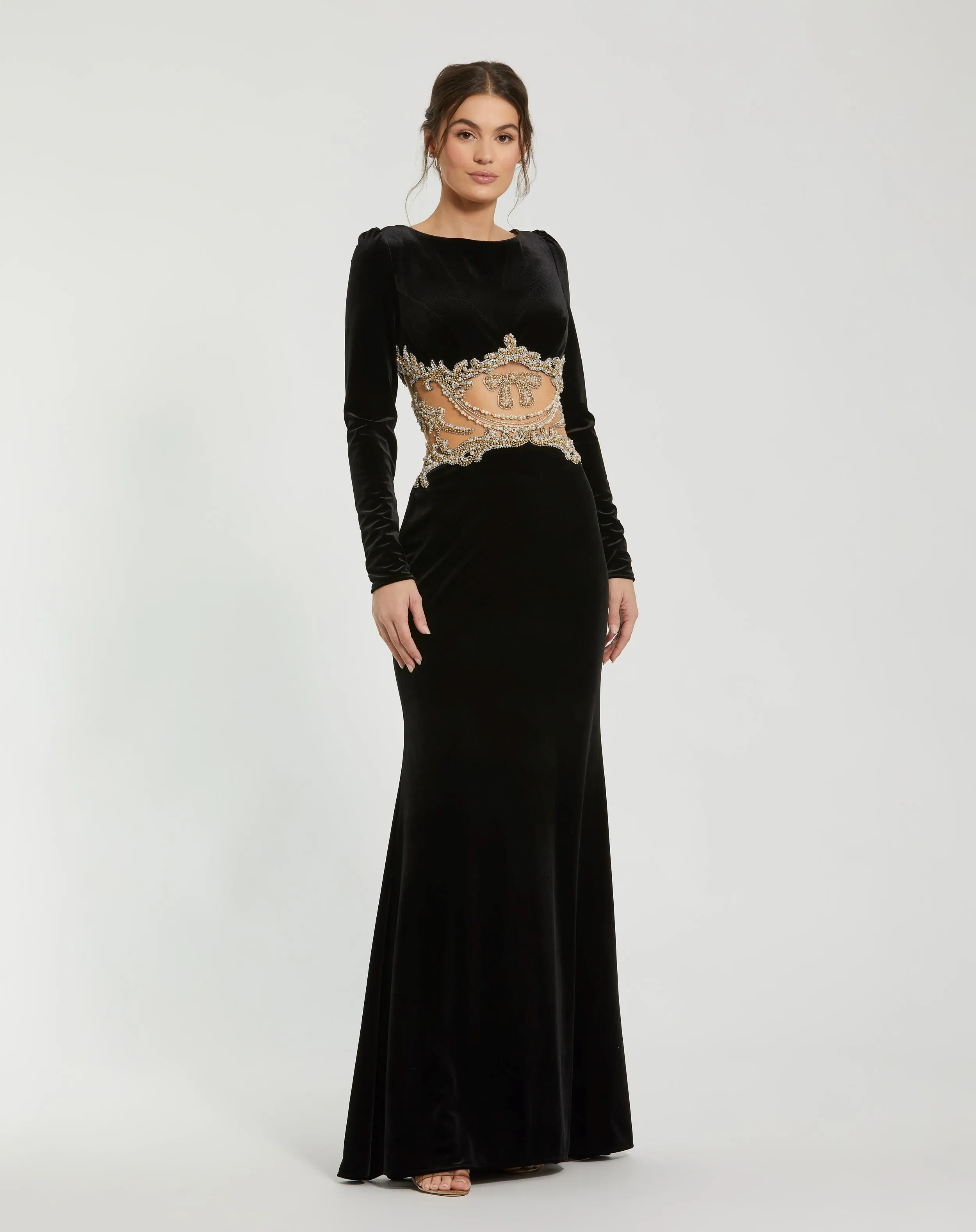 Black Long Sleeve Sheer Embellished Velvet Gown sold by Mac Duggal
