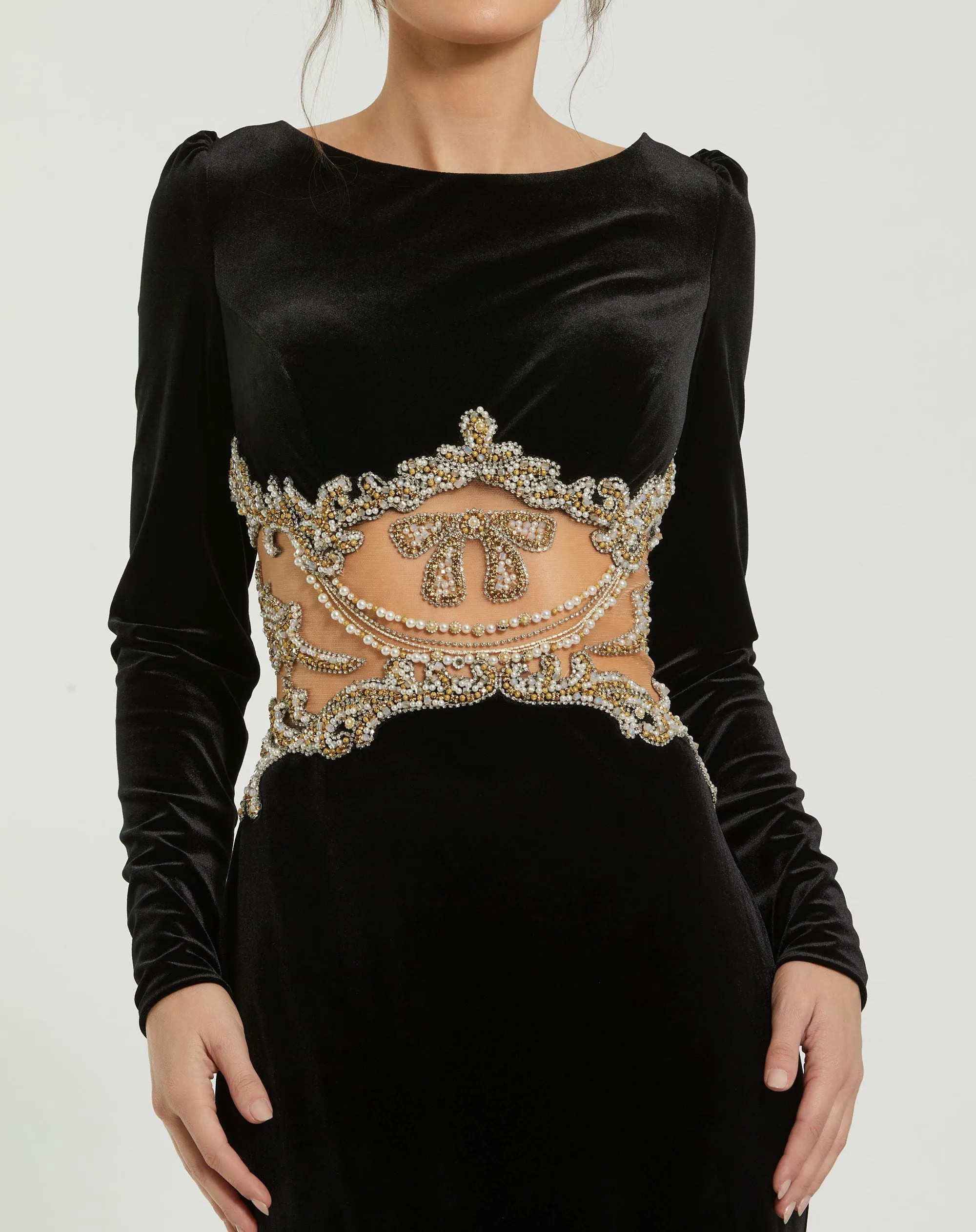Black Long Sleeve Sheer Embellished Velvet Gown sold by Mac Duggal product image thumbnail 2