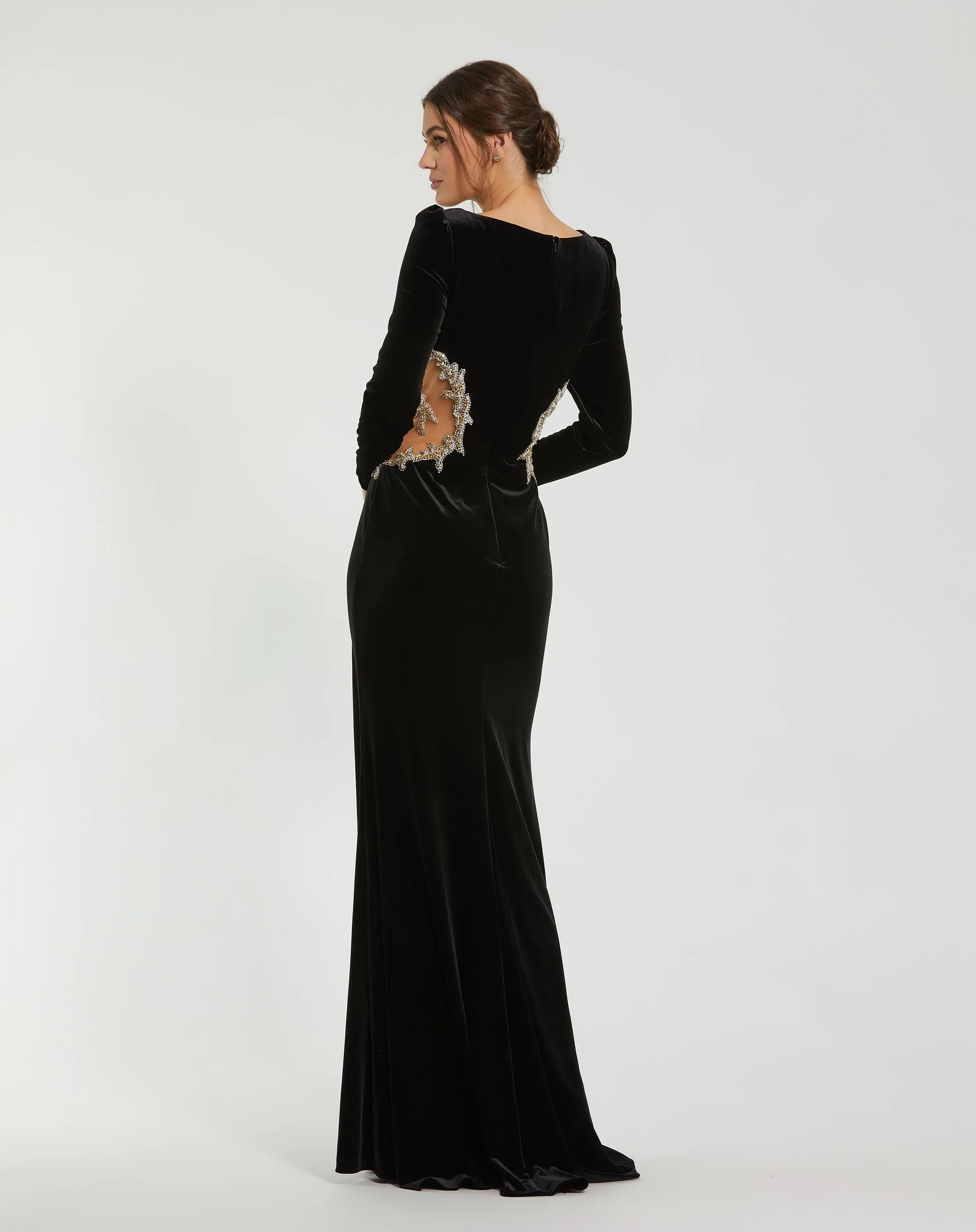 Black Long Sleeve Sheer Embellished Velvet Gown sold by Mac Duggal product image thumbnail 3