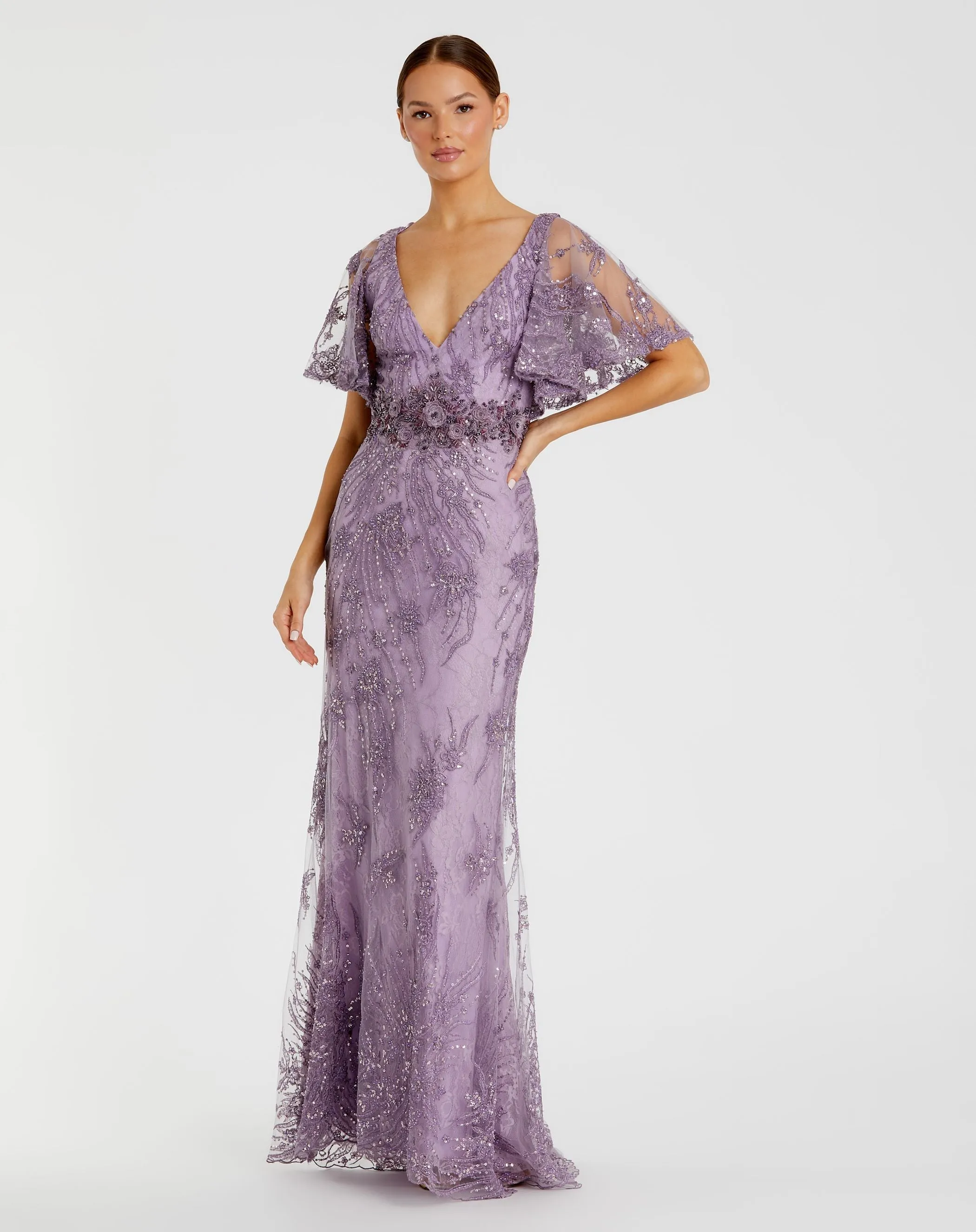 Purple Embellished Flutter Sleeve Evening Gown sold by Mac Duggal