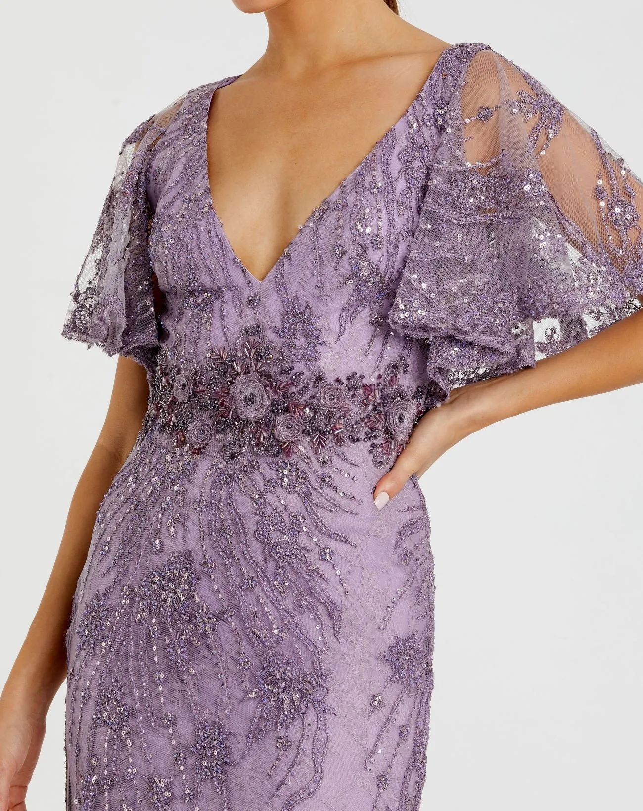 Purple Embellished Flutter Sleeve Evening Gown sold by Mac Duggal product image thumbnail 2