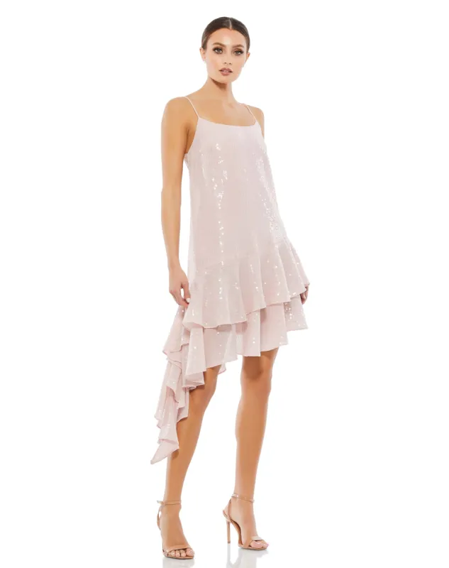 Pink Sequined Ruffled Asymmetrical Hem Sleeveless Dress sold by Mac Duggal