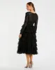 Navy Long Sleeve Ruffle Tiered Midi Dress sold by Mac Duggal