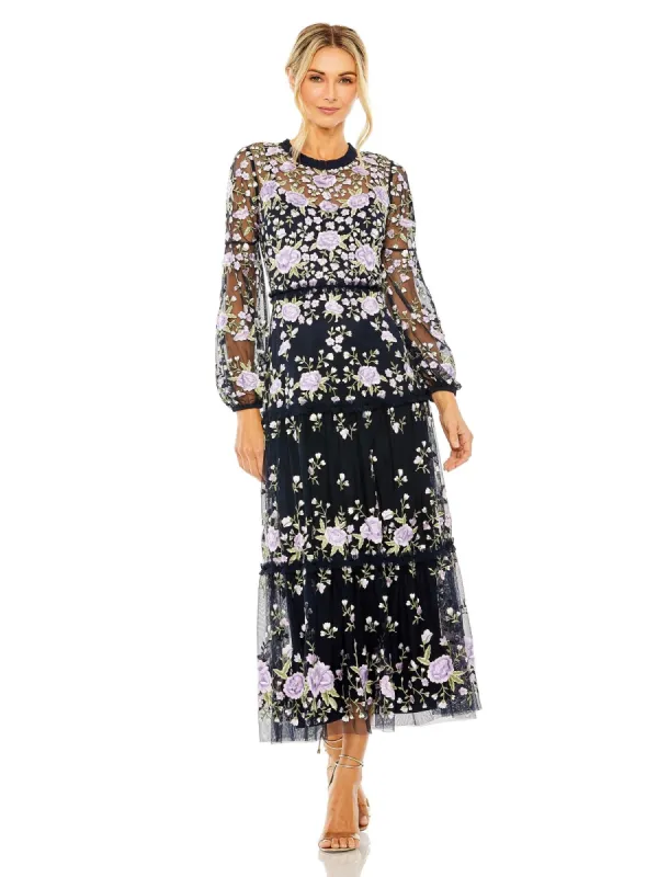 Navy Embroidered Puff Sleeve Tiered Dress sold by Mac Duggal