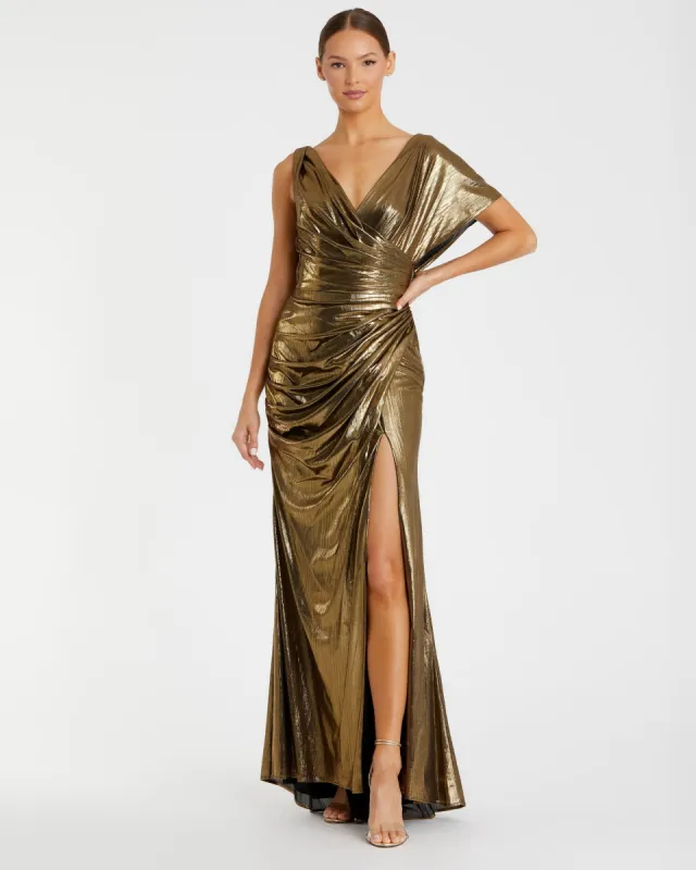 Gold Asymmetrical Draped Metallic Trumpet Gown sold by Mac Duggal