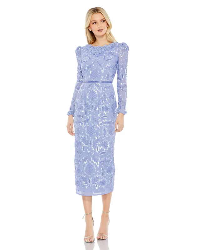 Light Purple Embellished High Neck Puff Sleeve Midi Sheath Dress sold by Mac Duggal