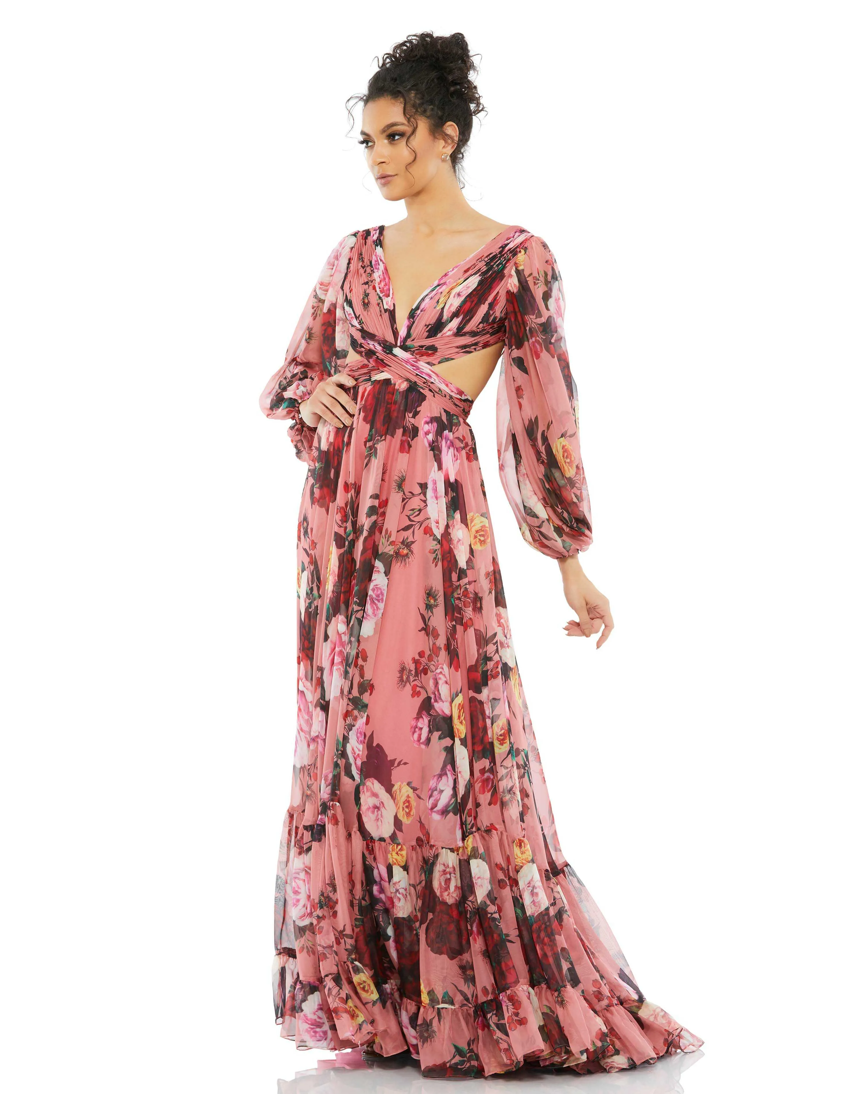 Pink Floral Cutout Open Back Blouson Sleeve Dress sold by Mac Duggal