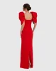 Red Fitted Crepe Square Neck Gown With Puff Sleeves sold by Mac Duggal