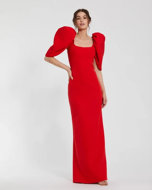 Red Fitted Crepe Square Neck Gown With Puff Sleeves sold by Mac Duggal