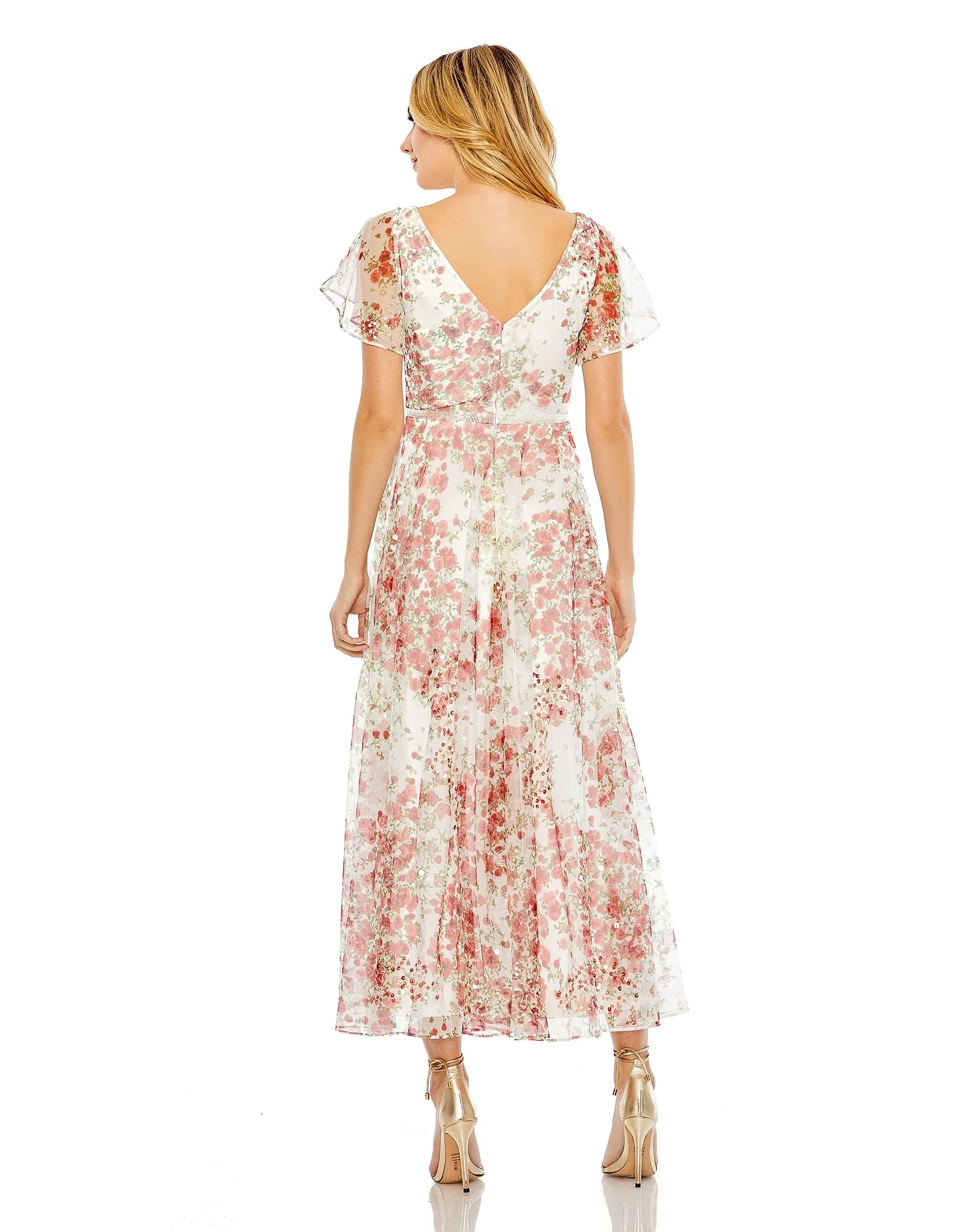 Floral Print Faux Wrap Flutter Sleeve A Line Dress | Sample | Sz. 2 sold by Mac Duggal product image thumbnail 2