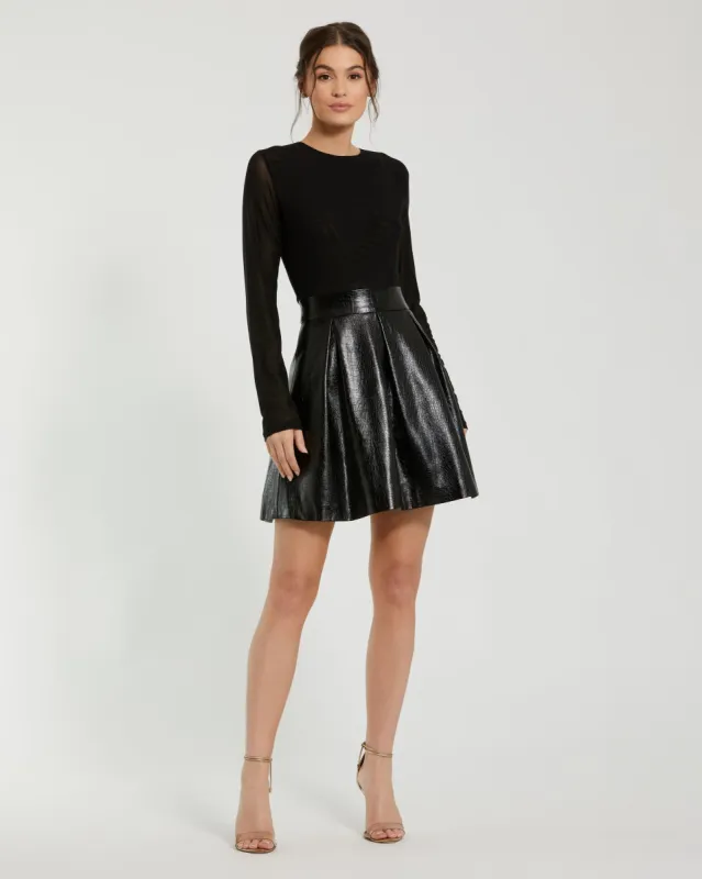 Black Mesh And Leather Long Sleeve A Line Mini Dress sold by Mac Duggal