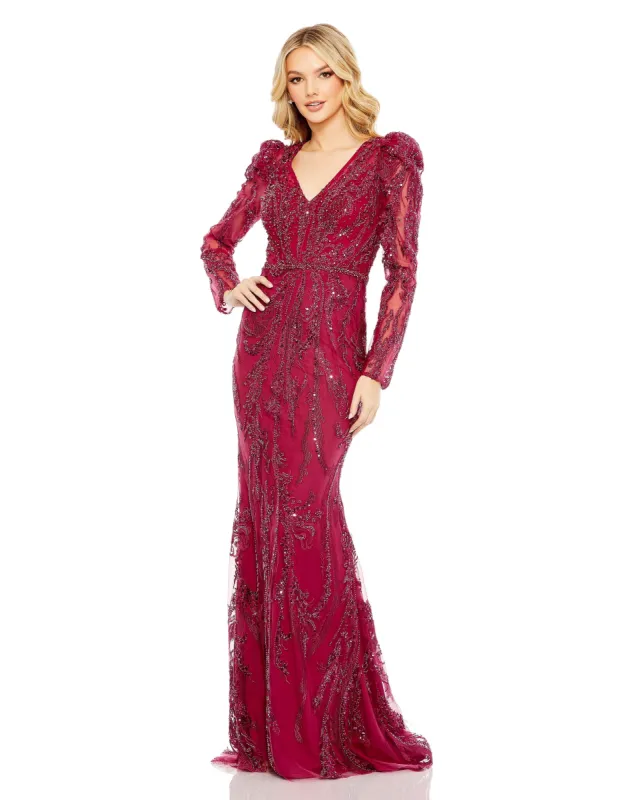 Red Embellished Puff Sleeve V Neck Gown sold by Mac Duggal