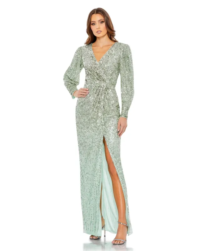 Green Embellished Faux Wrap Puff Sleeve Gown sold by Mac Duggal