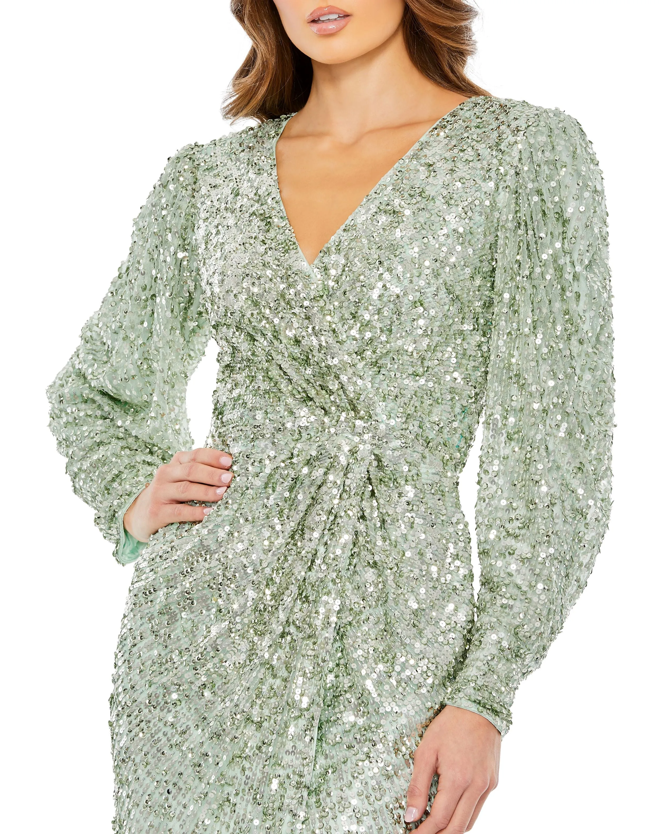 Green Embellished Faux Wrap Puff Sleeve Gown sold by Mac Duggal product image thumbnail 2