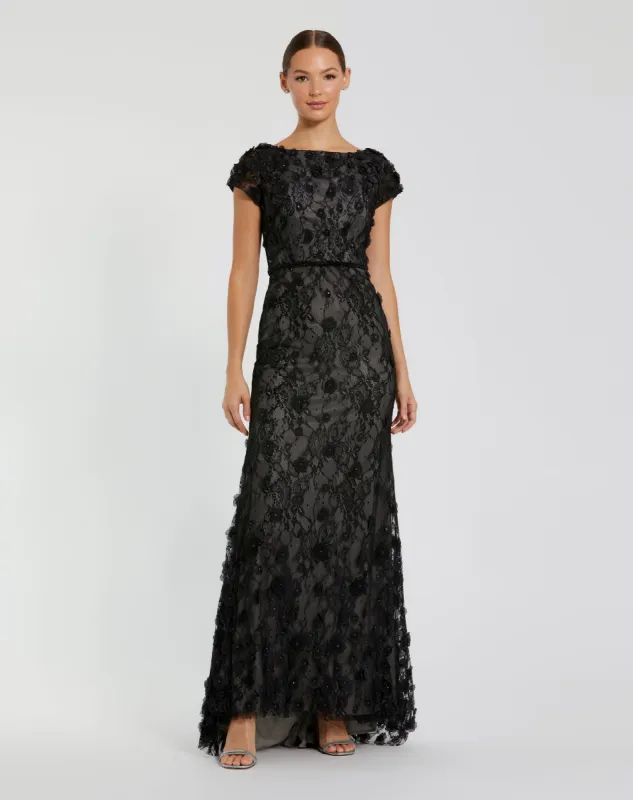 Black Floral Applique Boat Neck Cap Sleeve Gown sold by Mac Duggal