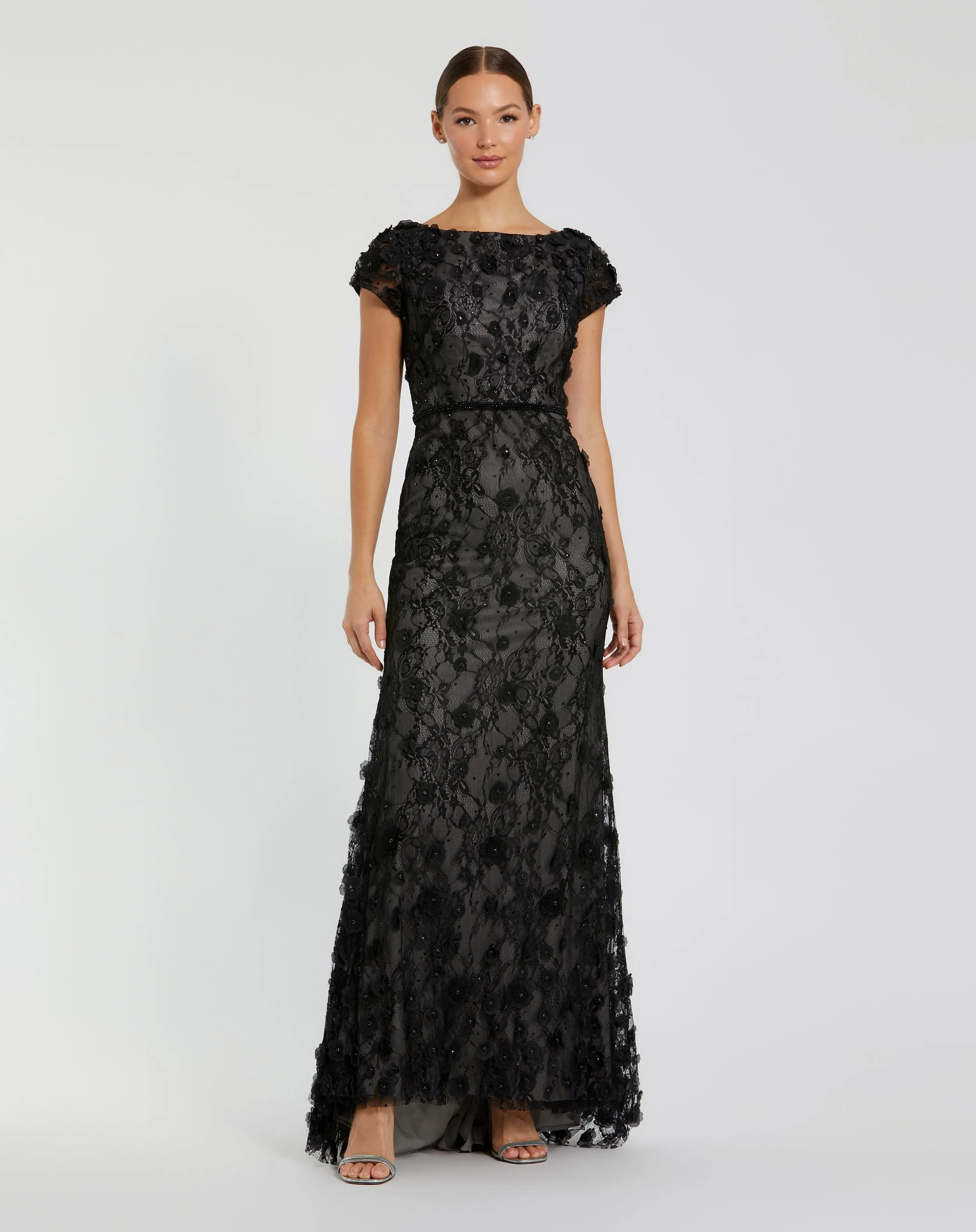Black Floral Applique Boat Neck Cap Sleeve Gown sold by Mac Duggal