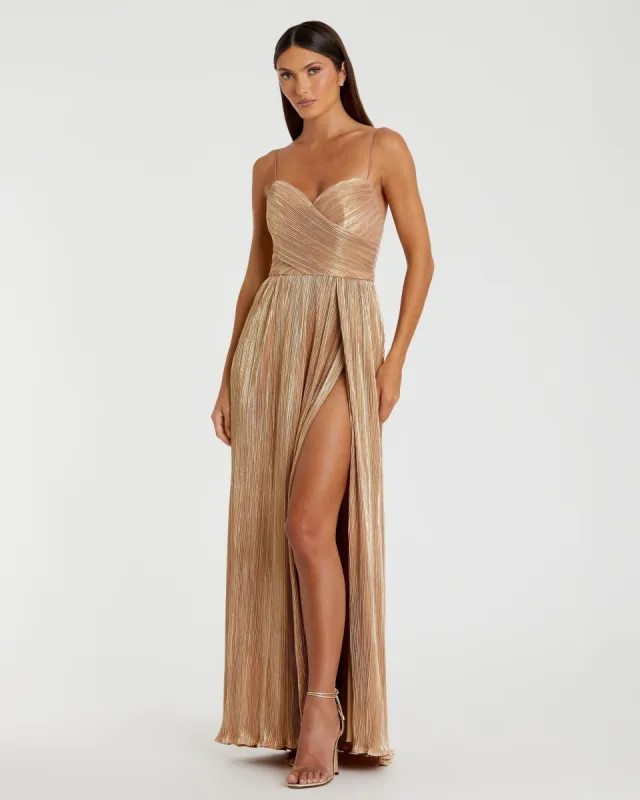 Gold Metallic Ruched A Line Gown sold by Mac Duggal