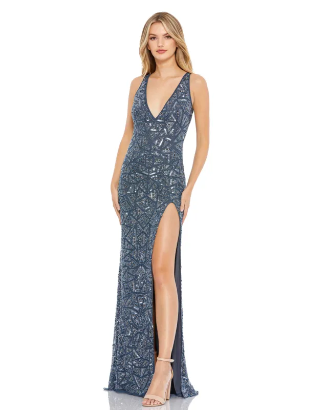 White Sleeveless V Neck Embellished Gown sold by Mac Duggal