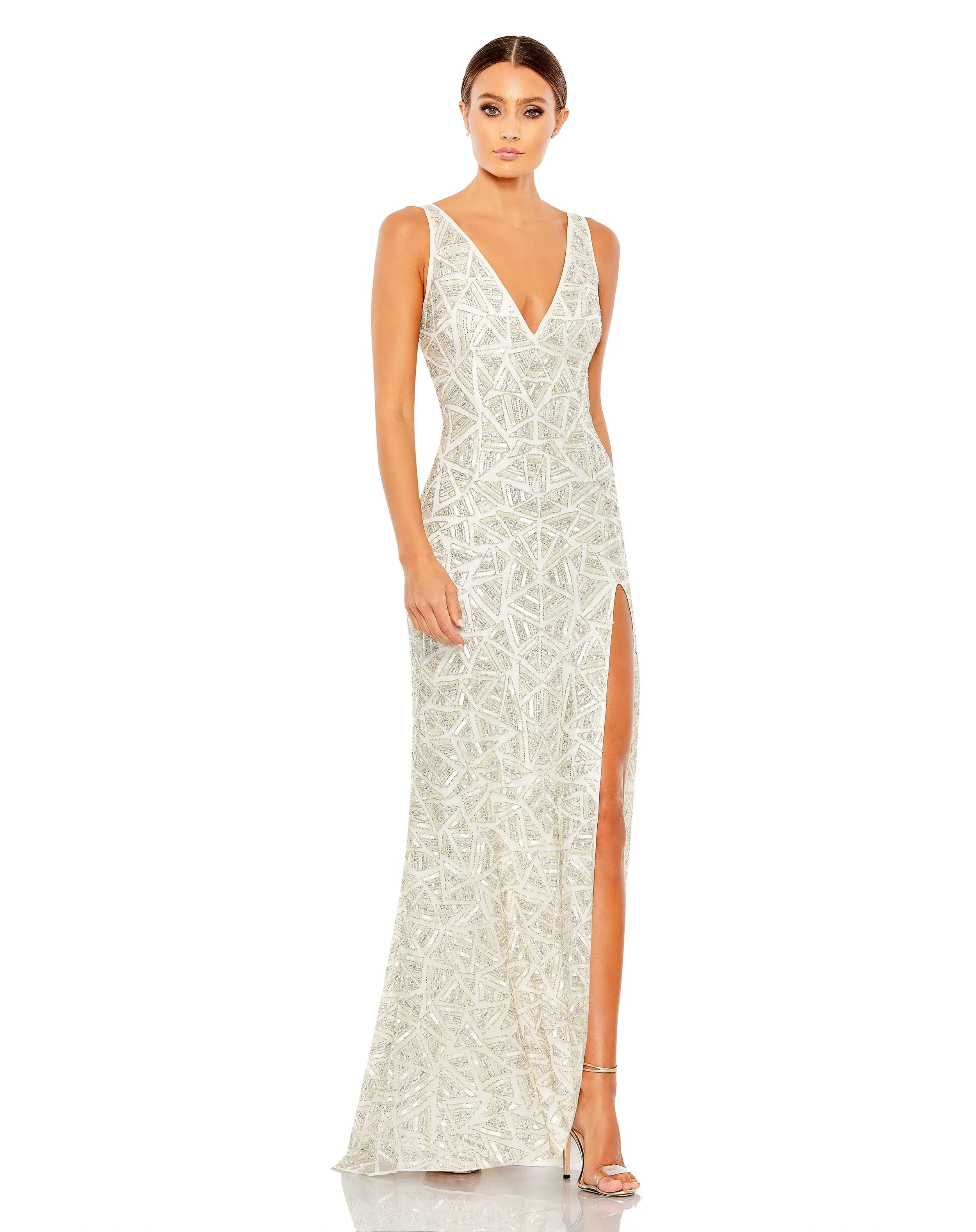 White Sleeveless V Neck Embellished Gown sold by Mac Duggal product image thumbnail 4