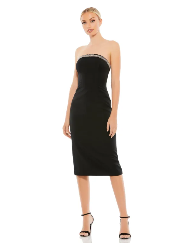Black Jeweled Strapless Fitted Midi Dress sold by Mac Duggal