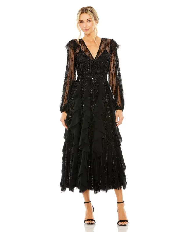 V Neck Puff Sleeve Ruffle Tiered Dress | Sample | Sz. 2 sold by Mac Duggal