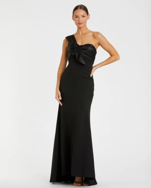 Black One Shoulder Draped Trumpet Gown sold by Mac Duggal
