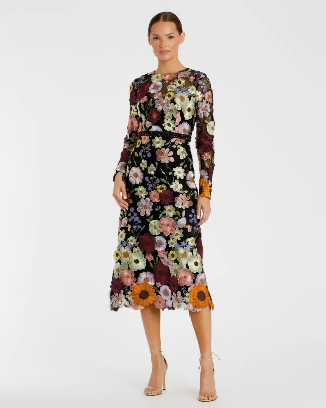 Multicolor Floral Embroidered A-Line Midi Dress sold by Mac Duggal