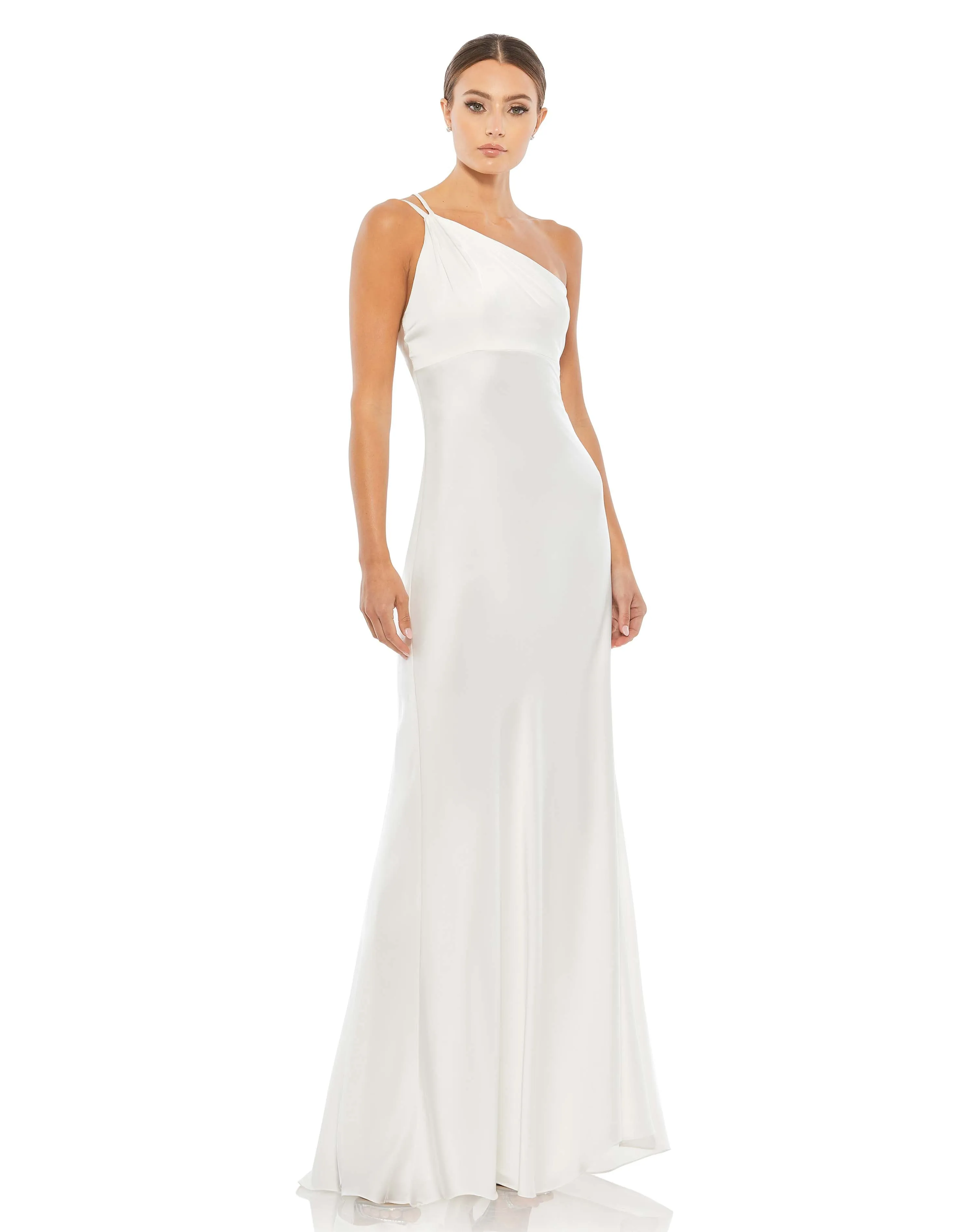 White One Shoulder Double Strap Satin Gown sold by Mac Duggal