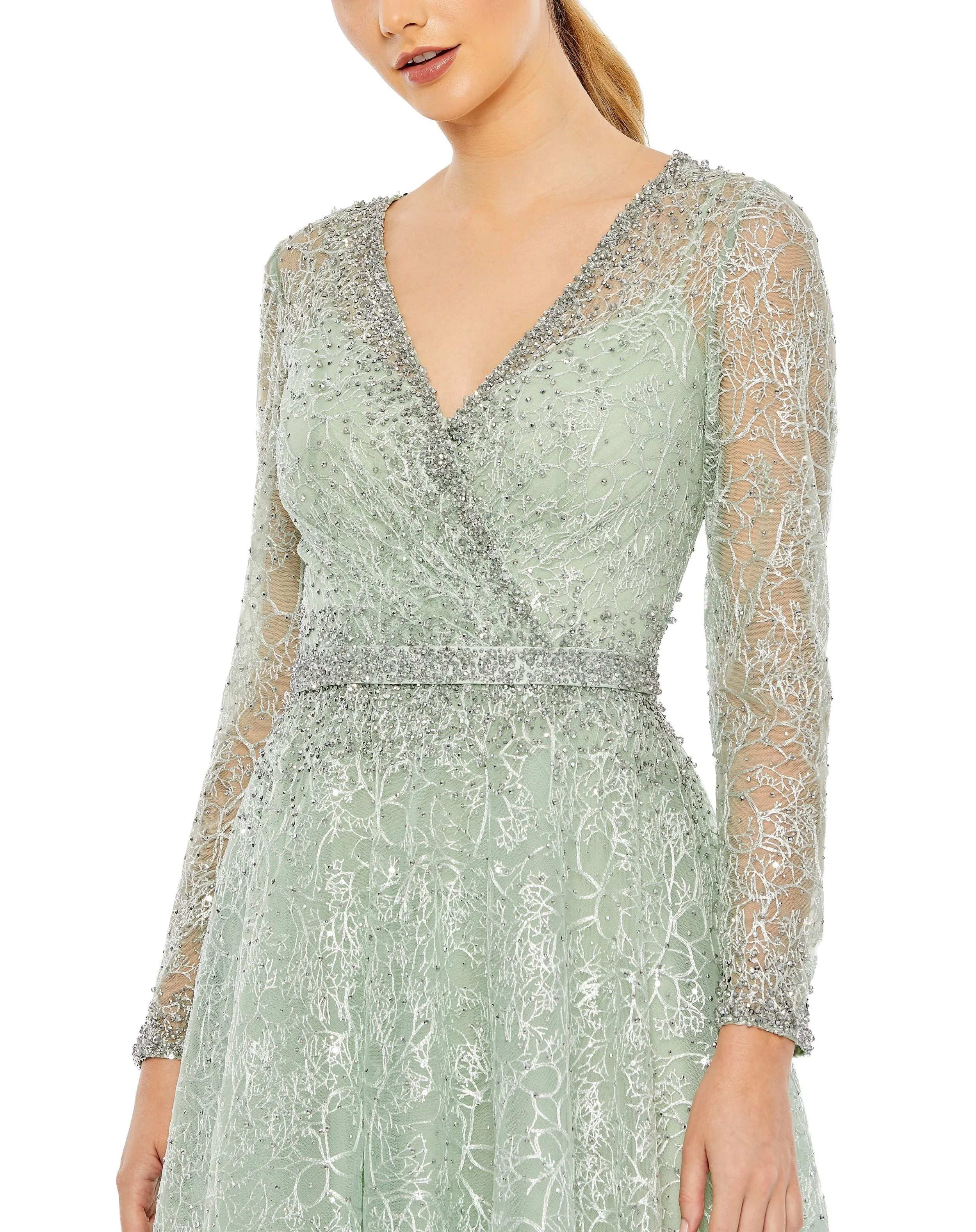 Nude Embellished Wrap Over Long Sleeve Midi Dress sold by Mac Duggal product image thumbnail 2