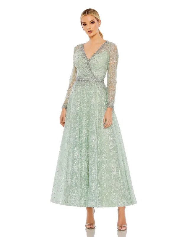 Nude Embellished Wrap Over Long Sleeve Midi Dress sold by Mac Duggal