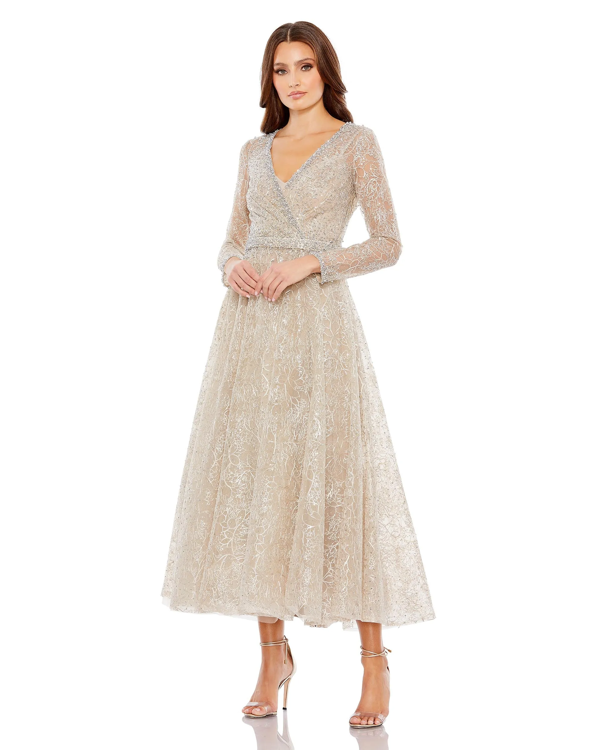 Nude Embellished Wrap Over Long Sleeve Midi Dress sold by Mac Duggal product image thumbnail 4