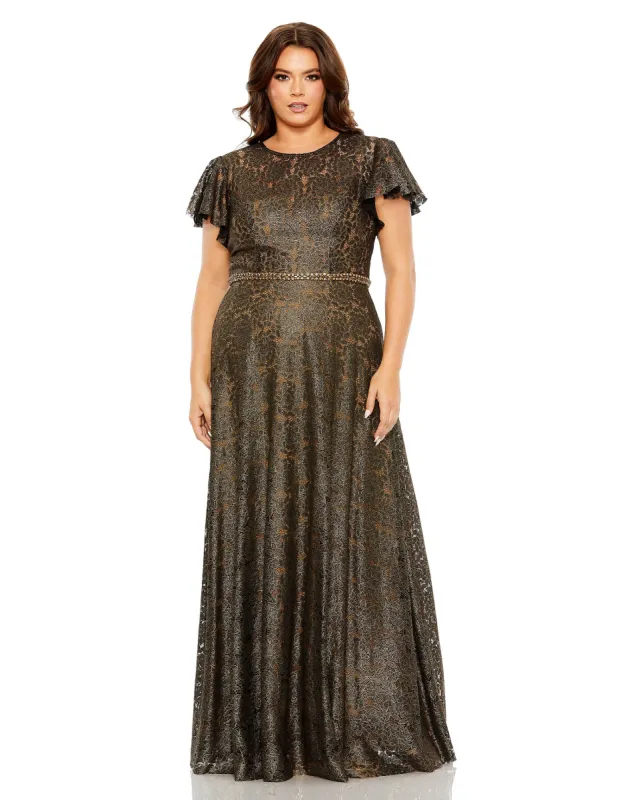 Black and Brown Lace Butterfly Sleeve Beaded Belt Gown sold by Mac Duggal
