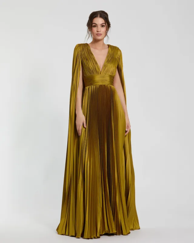 Green Pleated Charmeuse V Neck Gown With Cape sold by Mac Duggal