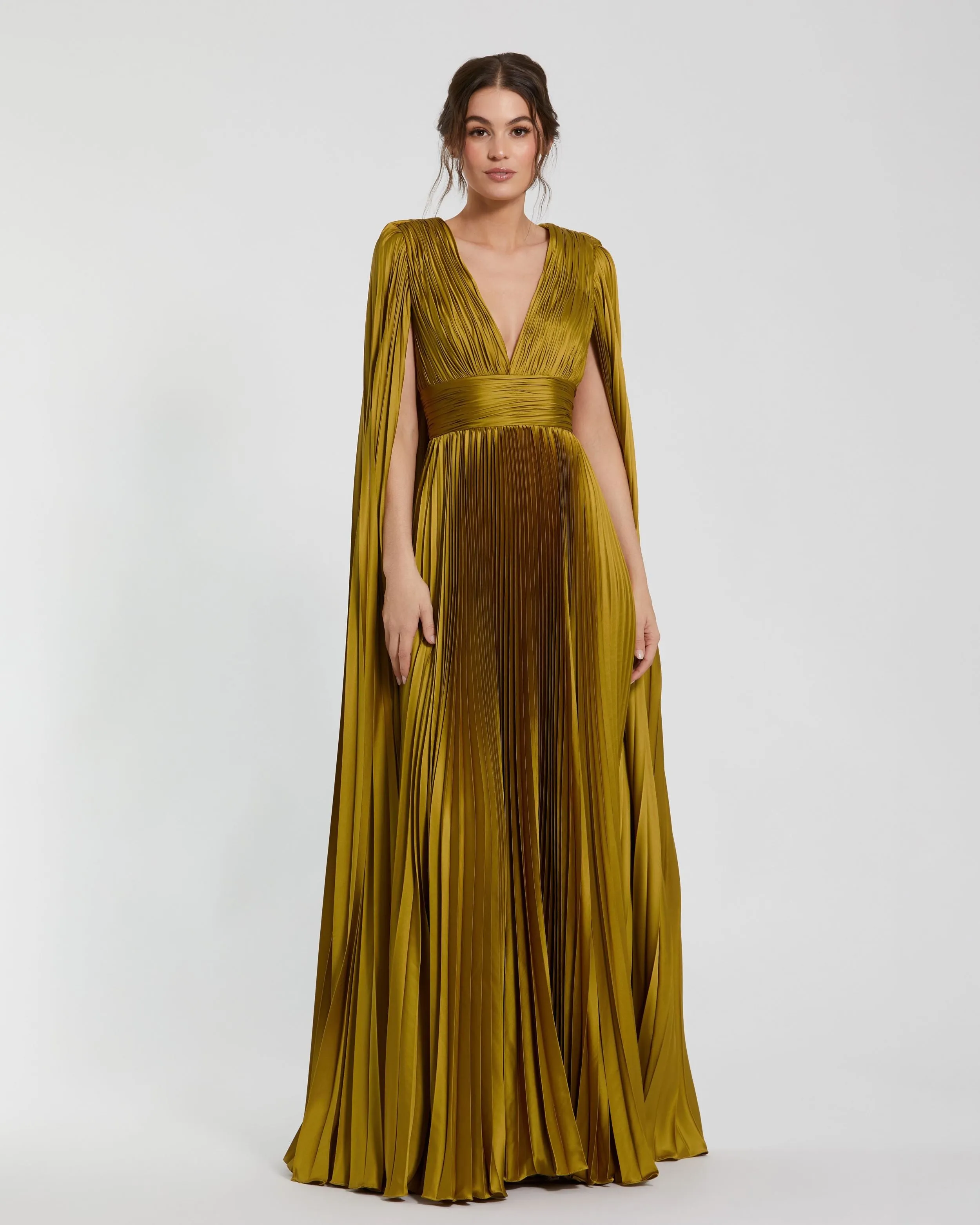 Green Pleated Charmeuse V Neck Gown With Cape sold by Mac Duggal