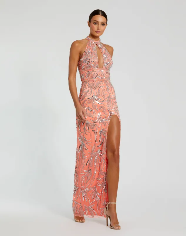 Pink Embellished High Neck Gown with Slit sold by Mac Duggal